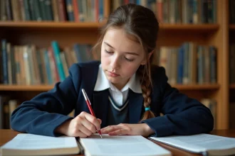 Lycéenne annotant un texte littéraire pour préparer son commentaire composé au bac de français