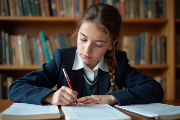 Lycéenne annotant un texte littéraire pour préparer son commentaire composé au bac de français