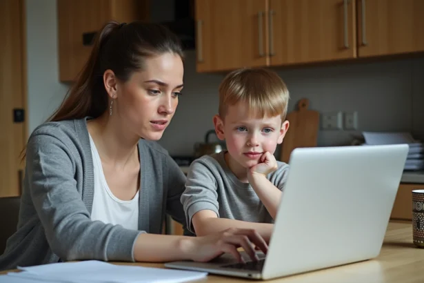 Maman et son fils de 12 ans perplexes devant un ordinateur