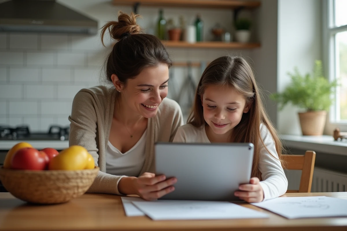 Maman et fille aidant avec un devoir sur la tablette