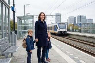 Maman avec enfants à la gare en environnement urbain