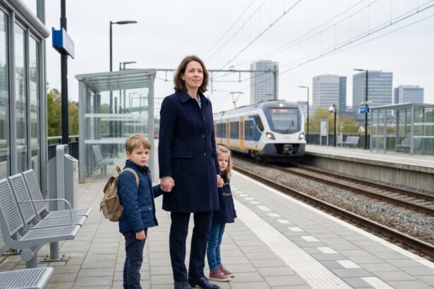 Maman avec enfants à la gare en environnement urbain