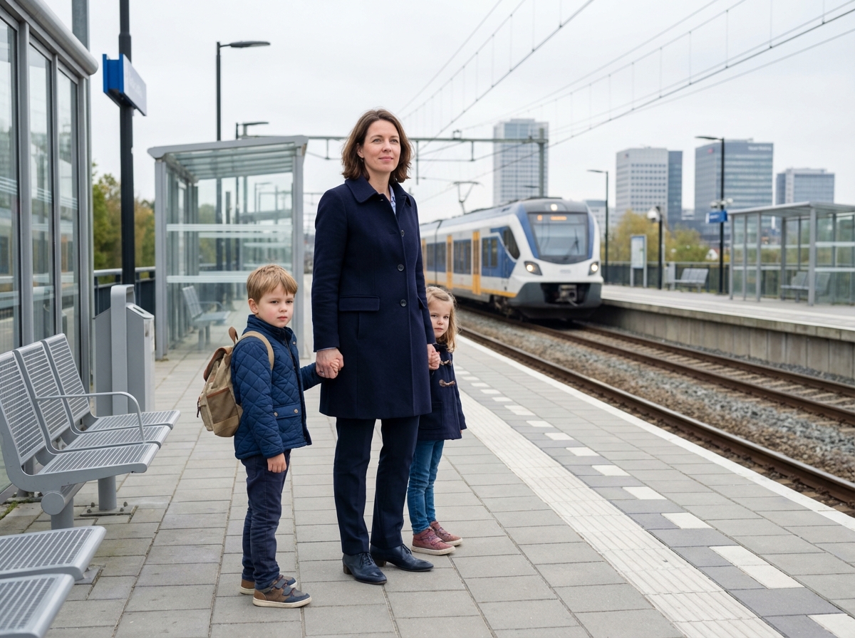 Maman avec enfants à la gare en environnement urbain