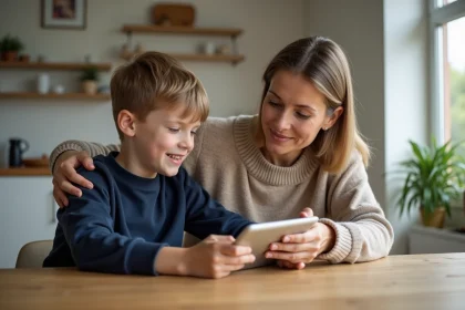 Maman et son fils de 10 ans à la table de cuisine