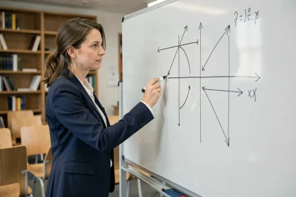 Mathématicienne traçant une matrice 2x2 et ses transformations géométriques sur un tableau en verre dans une salle universitaire moderne