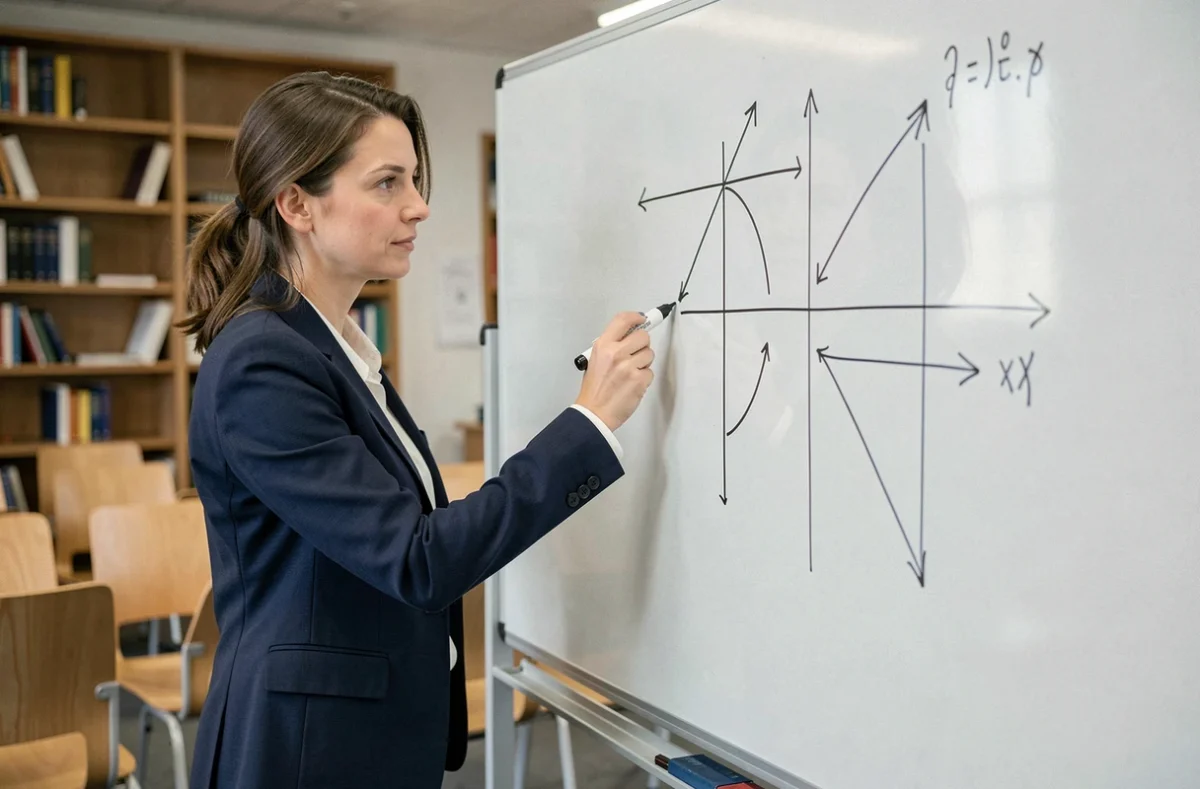 Mathématicienne traçant une matrice 2x2 et ses transformations géométriques sur un tableau en verre dans une salle universitaire moderne