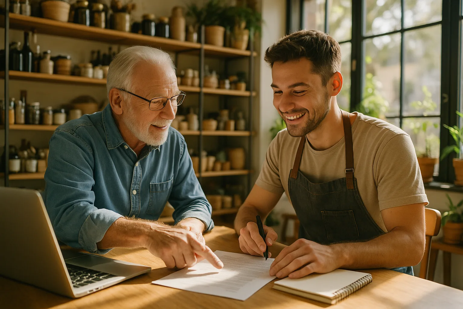 Commerçant recevant un mentorat dans une boutique chaleureuse