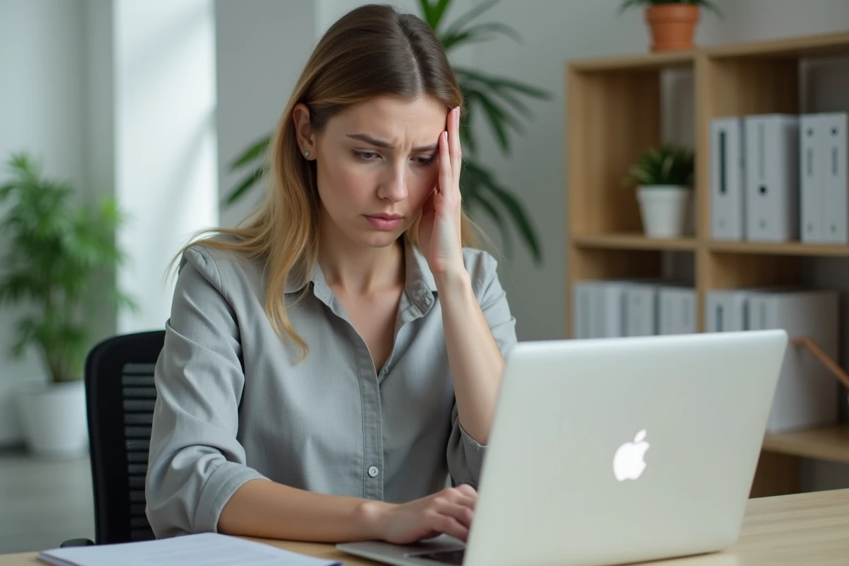 Femme frustrée devant un écran d'ordinateur affichant un message d'erreur de connexion après un mot de passe oublié