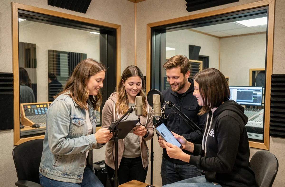 Étudiants et professeur écoutant un enregistrement en studio au Music Art Studio de Toulouse