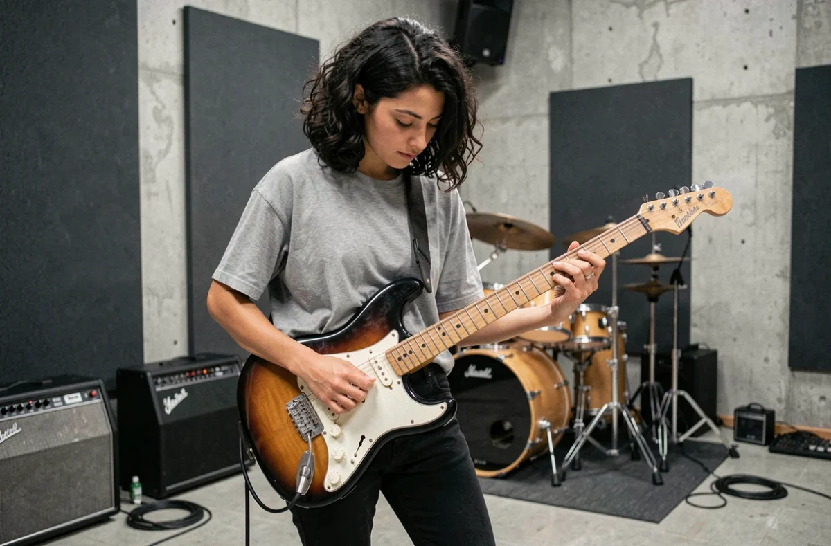 Étudiante jouant de la guitare électrique dans une salle de répétition de Music'Halle à Toulouse