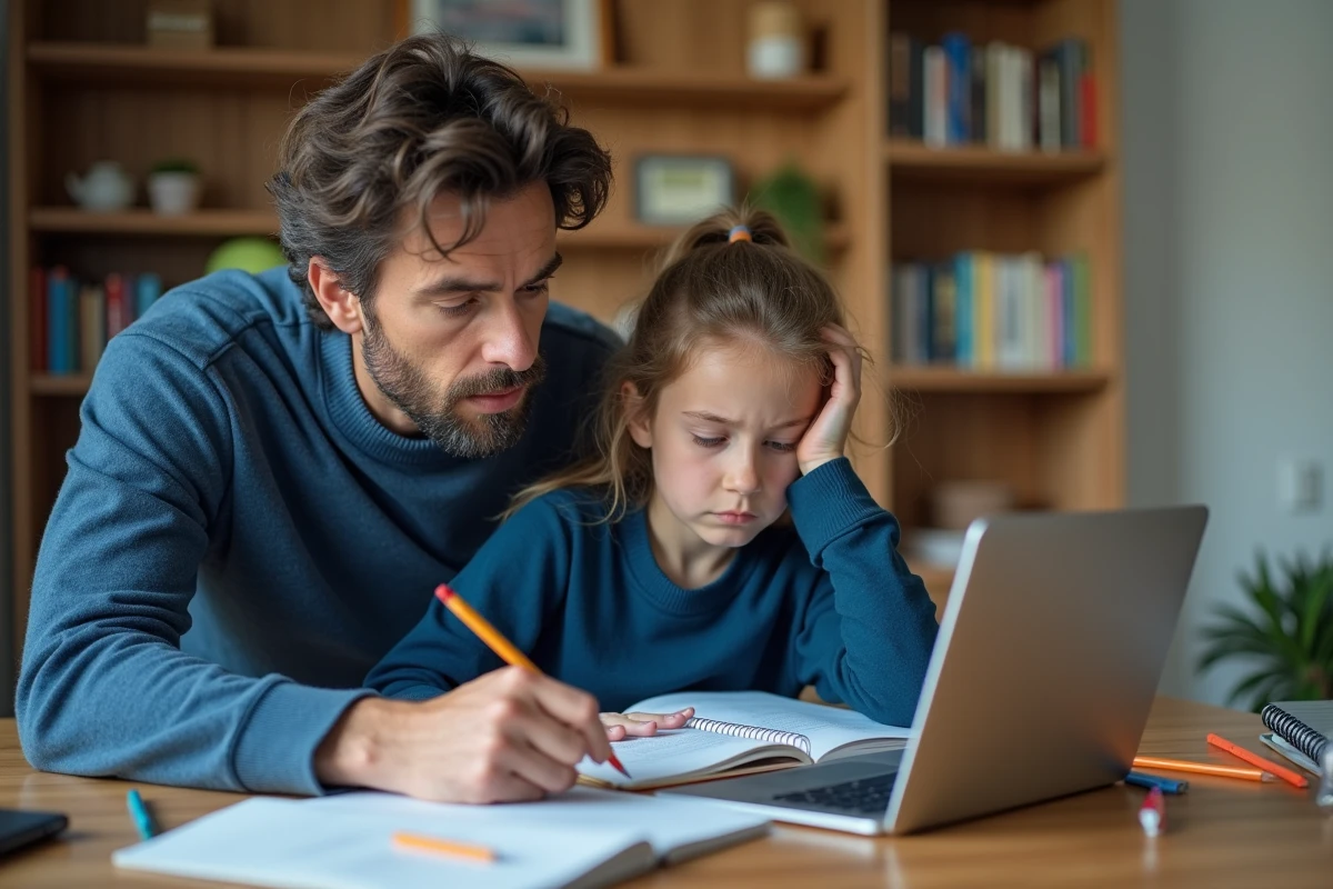 Pere et sa fille concentrés sur leur travail scolaire