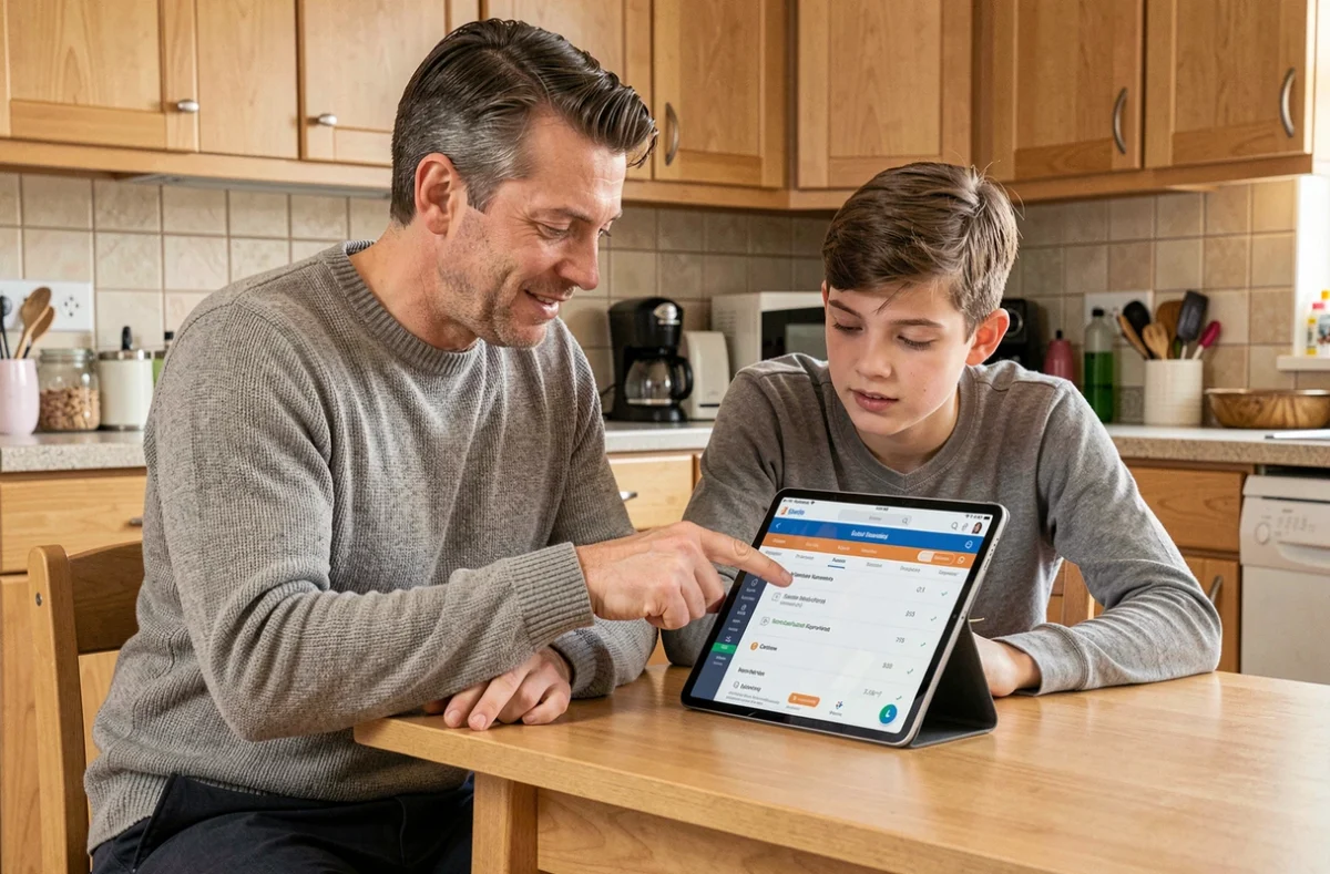 Un père et son fils consultant ensemble l'ENT collège du Loir-et-Cher sur une tablette