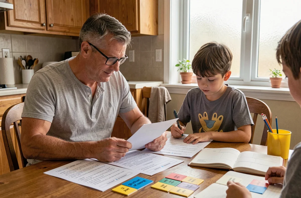Parent aidant un enfant à réviser les classes grammaticales avec des fiches d'exercices sur la table de cuisine