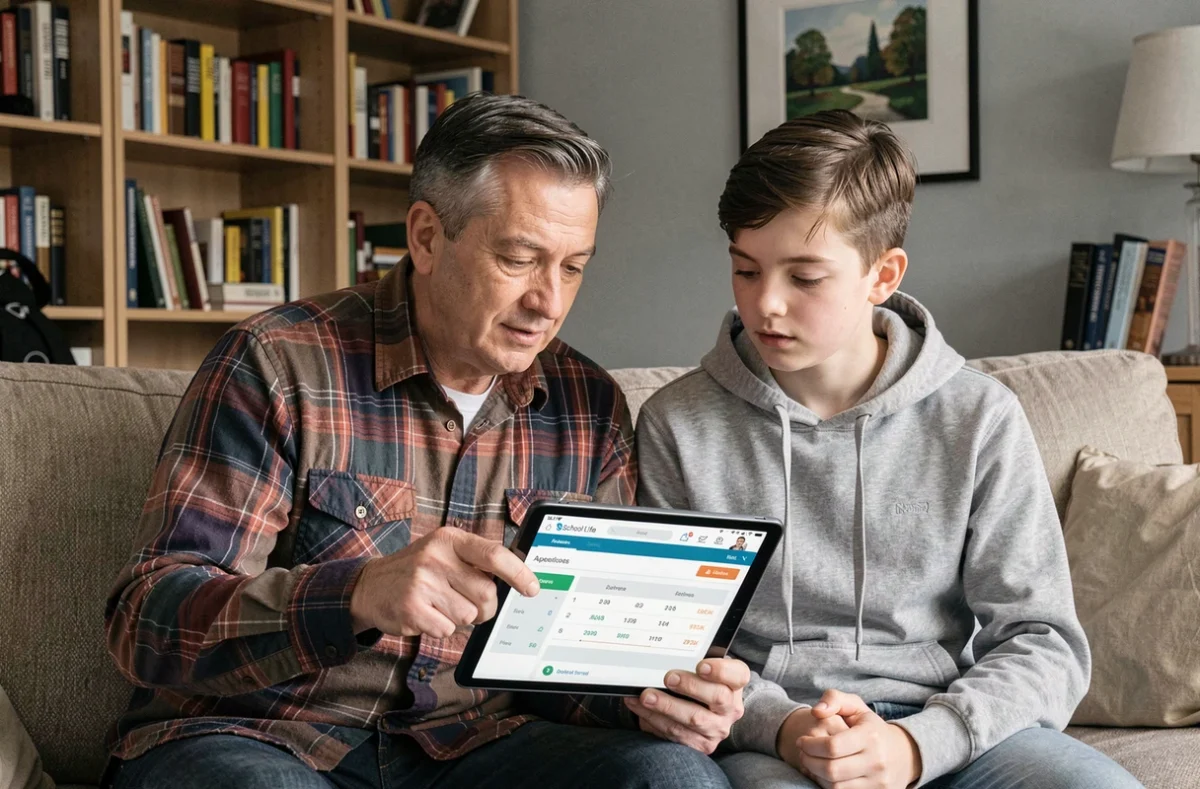 Père et fils adolescent consultant ensemble le suivi scolaire sur une tablette dans le salon