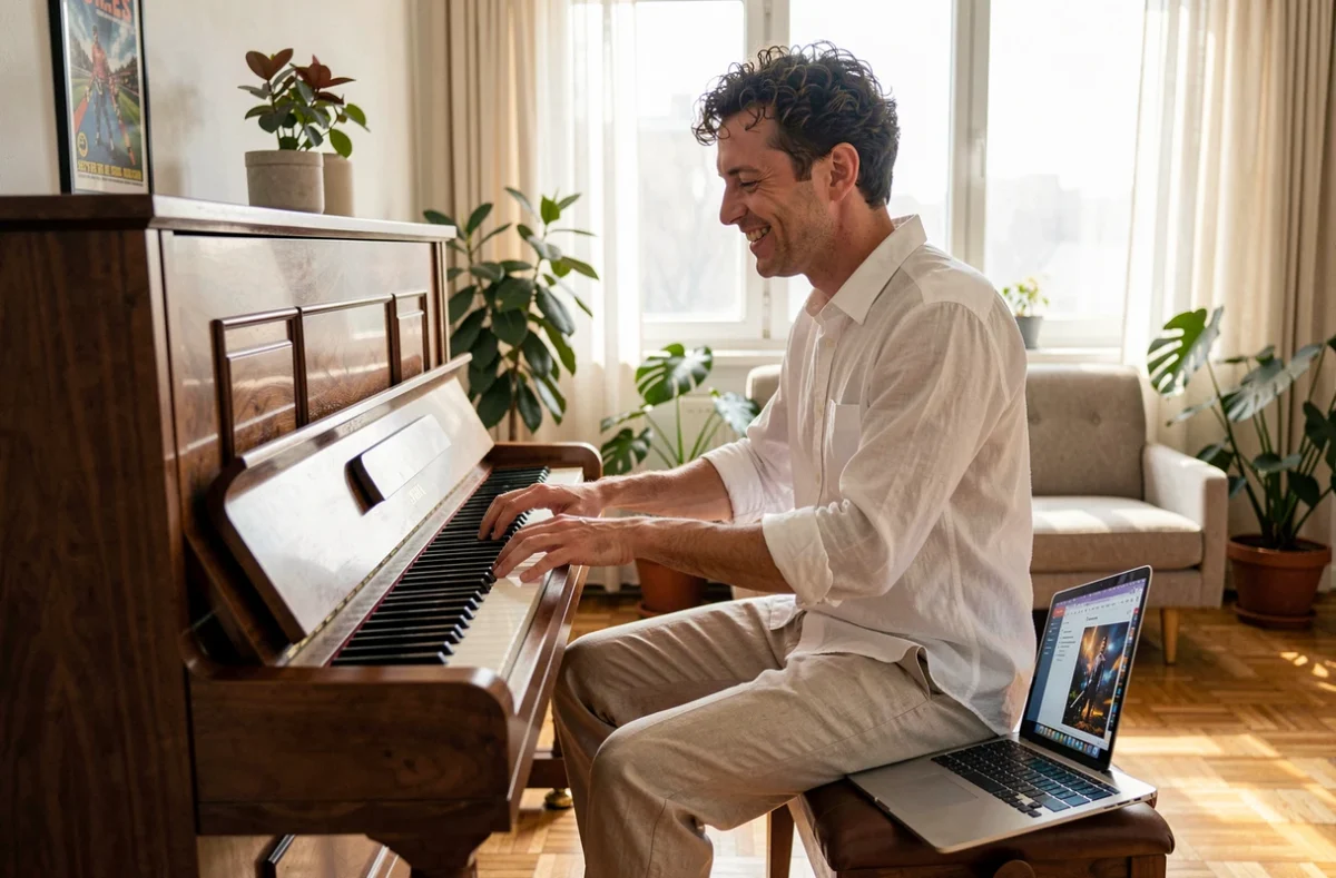 Homme jouant du piano acoustique dans un appartement lumineux avec un tutoriel de musique de jeu vidéo ouvert sur un ordinateur portable