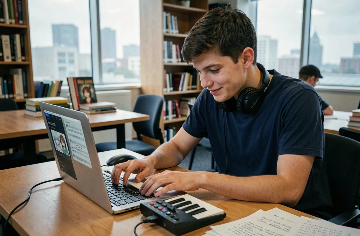 Adolescent utilisant un clavier MIDI et un piano en ligne pour jouer des musiques de jeux vidéo et d'anime dans une bibliothèque