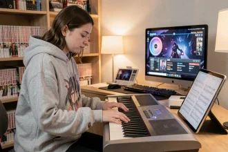 Jeune femme jouant du piano numérique dans un bureau gaming entouré de mangas et d'un PC avec jeu vidéo à l'écran