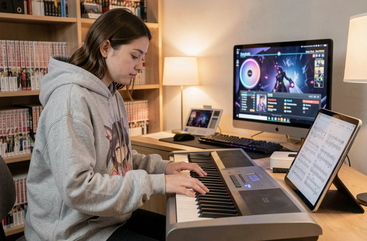 Jeune femme jouant du piano numérique dans un bureau gaming entouré de mangas et d'un PC avec jeu vidéo à l'écran