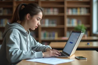 Étudiante se connectant pour la première fois au portail id.ac-versailles.fr sur son ordinateur portable dans une bibliothèque universitaire
