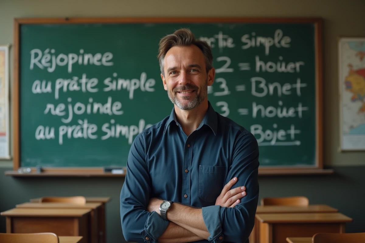 Professeur de français enseignant la conjugaison du verbe rejoindre au passé simple devant un tableau noir en salle de classe