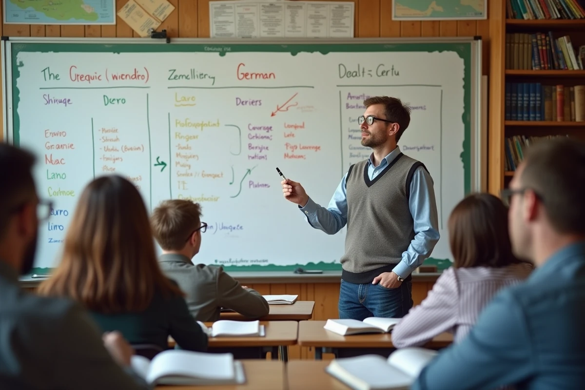 Professeur explique la declinaison allemande devant un tableau