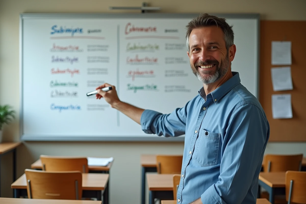 Professeur d'espagnol expliquant le subjonctif imparfait devant un tableau blanc avec des tableaux de conjugaison dans une salle de classe