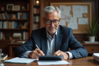 Professeur en train d'écrire sur une tablette dans un bureau académique