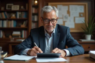 Professeur en train d'écrire sur une tablette dans un bureau académique