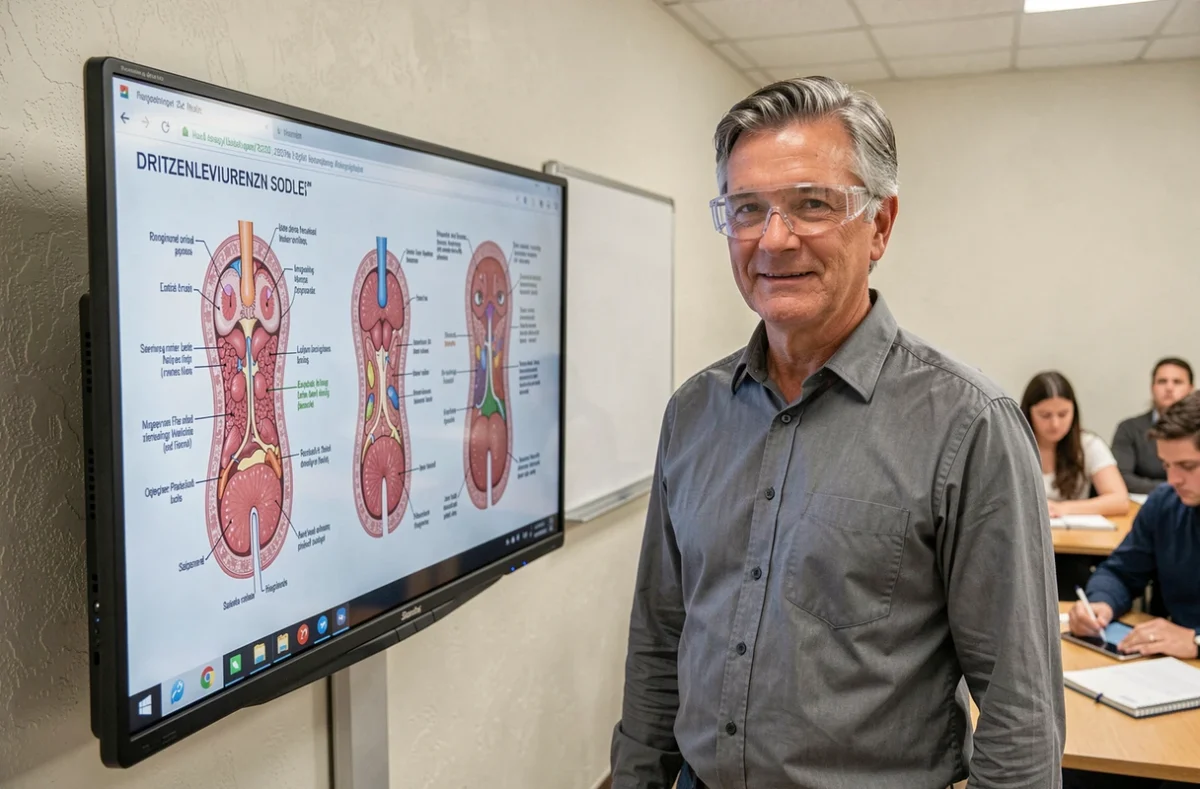 Professeur de médecine présentant une comparaison de coupes longitudinales et transversales d'organes sur écran interactif en salle de cours