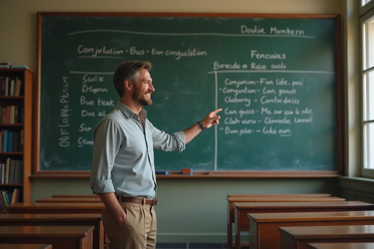 Enseignant pointant une conjugaison au tableau noir dans une salle de classe, expliquant une règle de grammaire française