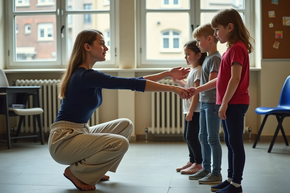 Professeure de danse expliquant un mouvement de bras simple à des élèves lors d'une répétition de chorégraphie scolaire