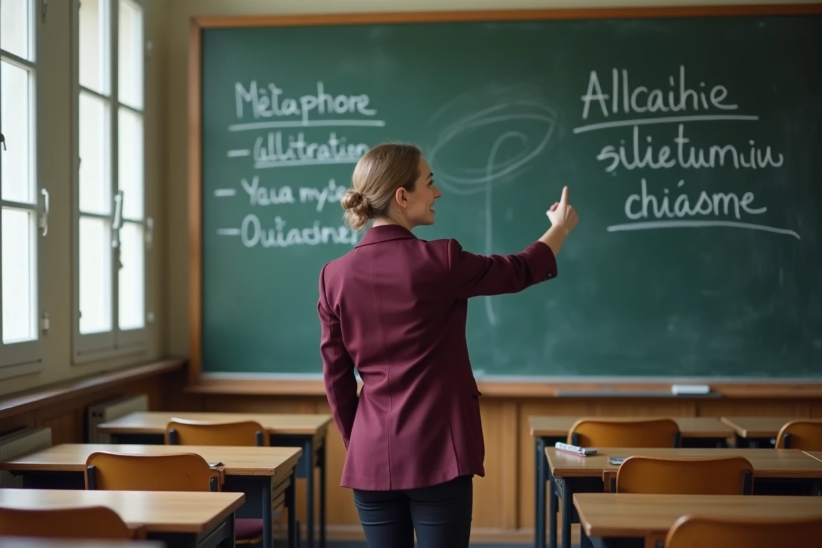 Professeure de français expliquant les figures de style au tableau pour préparer les élèves au commentaire composé