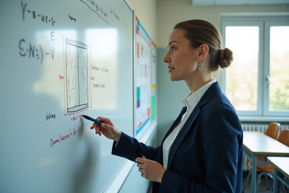 Professeure expliquant le calcul du volume d'un cylindre en litres devant un tableau blanc avec des formules mathématiques