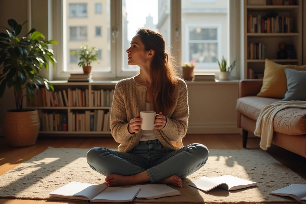 Étudiante en ostéopathie révisant ses cours dans son appartement avec une tasse de thé et des notes manuscrites
