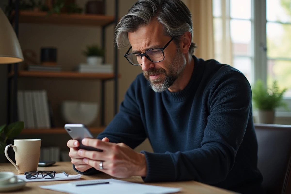Homme consultant son téléphone pour réinitialiser un mot de passe oublié sur un espace en ligne sécurisé