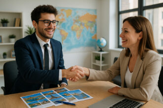 Jeune professionnel serrant la main d'un recruteur dans une agence de tourisme