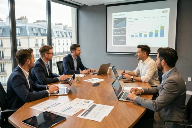 Groupe de cadres participant à un séminaire digital à Paris autour d'une table de conférence moderne avec laptops et tableaux de données projetés