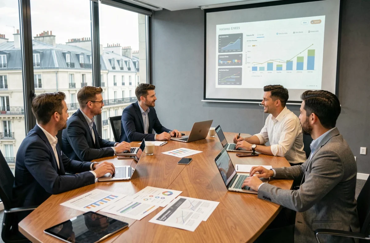 Groupe de cadres participant à un séminaire digital à Paris autour d'une table de conférence moderne avec laptops et tableaux de données projetés