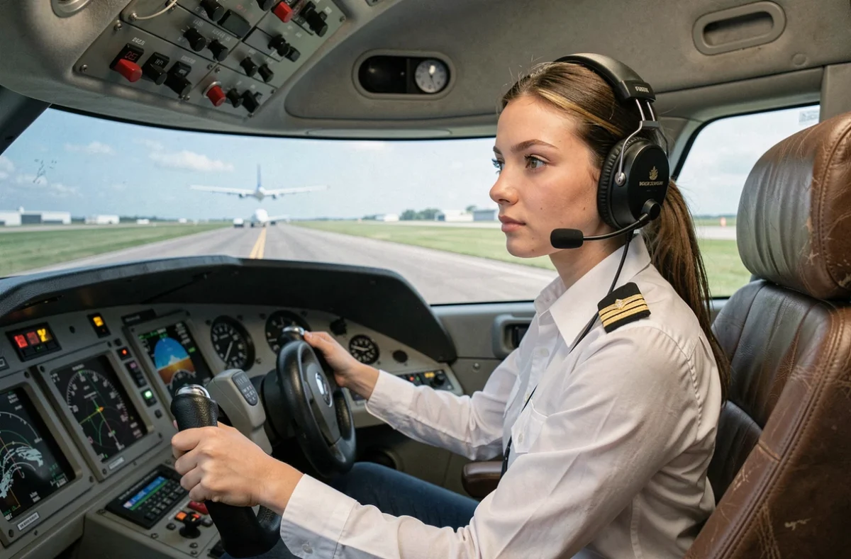 Jeune femme pilote en formation sur simulateur de vol de ligne pour le programme cadet