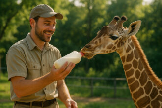 Soigneur nourrissant une jeune girafe en extérieur ensoleille
