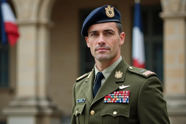 Sous-officier de l'armée de Terre en tenue de cérémonie devant une caserne militaire française