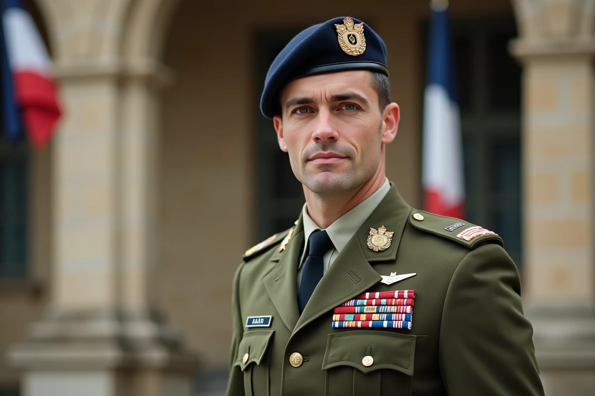 Sous-officier de l'armée de Terre en tenue de cérémonie devant une caserne militaire française