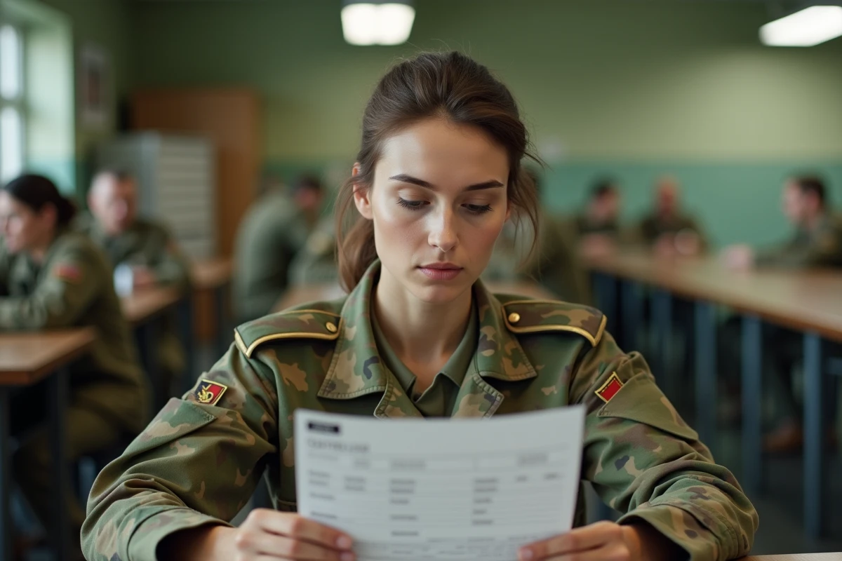 Sous-officière de carrière de l'armée de Terre consultant sa fiche de paie militaire