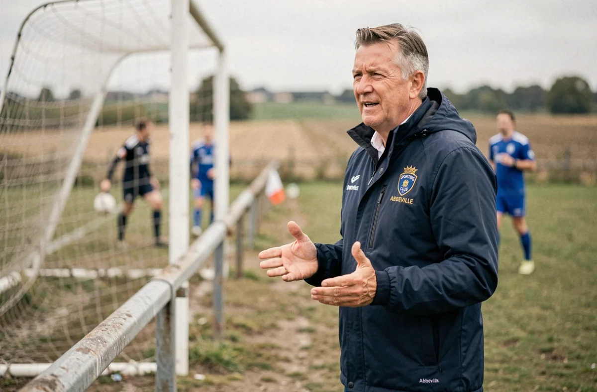 Entraîneur du Sporting Club Abbeville au bord du terrain donnant des consignes lors d'un match