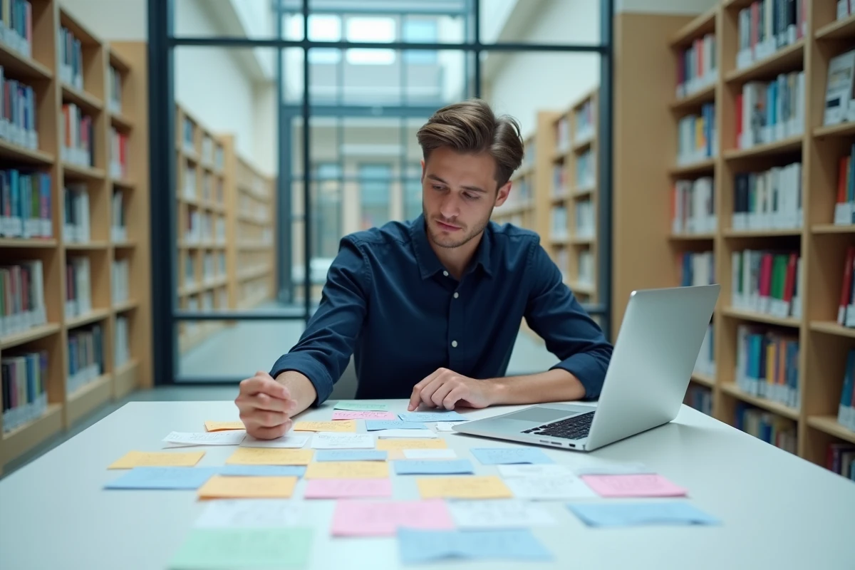 Étudiant organisant un système de fiches colorées pour mémoriser ses exemples de dissertation en bibliothèque