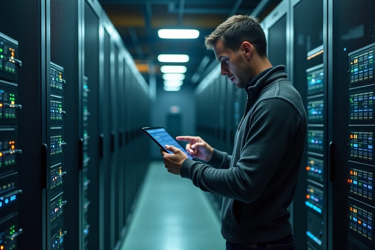 Technicien informatique inspectant un tableau de bord de sécurité réseau dans une salle de serveurs, représentant la protection des infrastructures numériques d'Edu Normandie