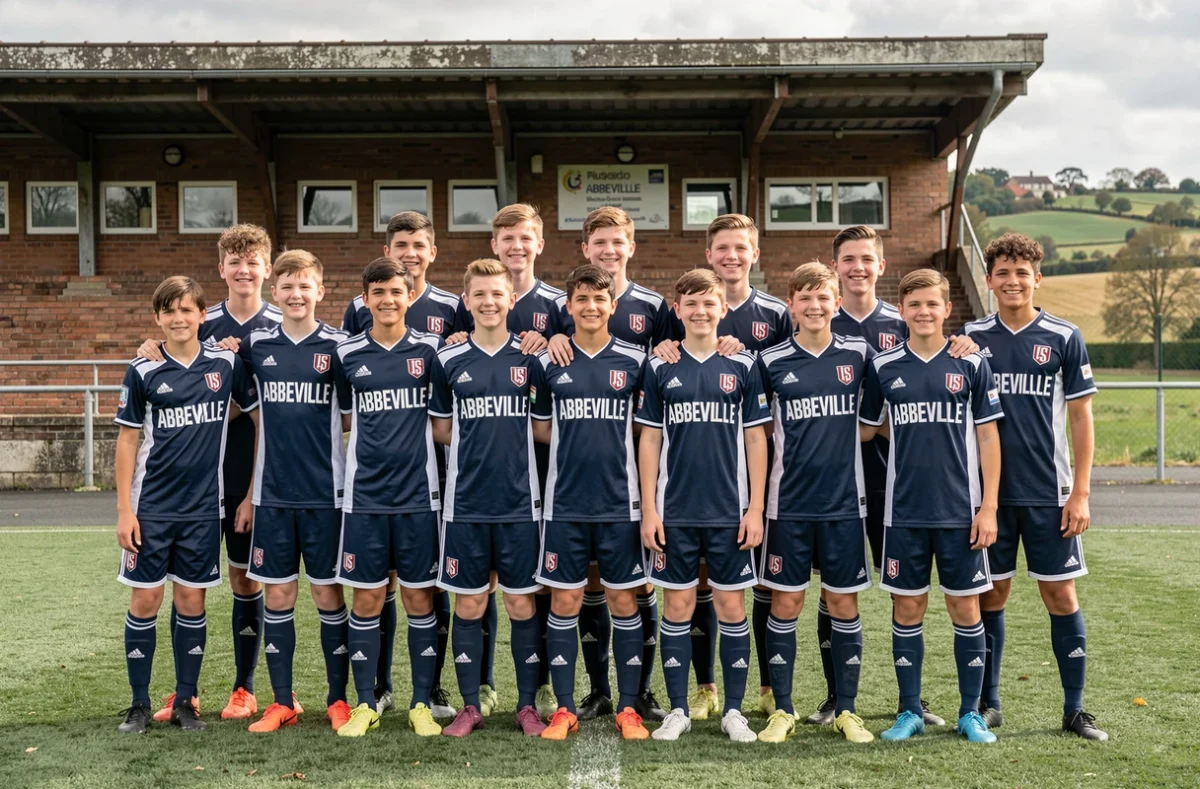 Équipe de jeunes joueurs de l'US Abbeville Football en photo d'équipe devant leur stade
