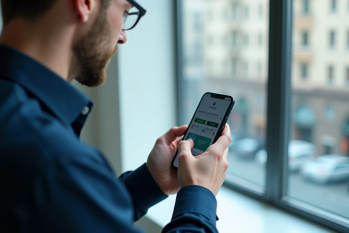 Homme d'affaires utilisant l'application Comptalia sur iPhone dans un environnement de bureau moderne