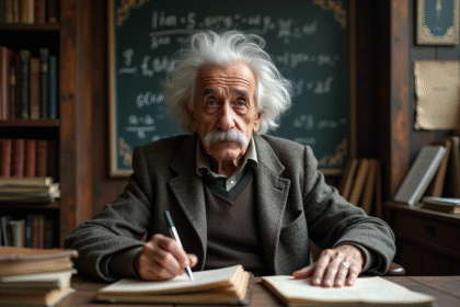 Homme âgé ressemblant à Einstein dans un bureau ancien