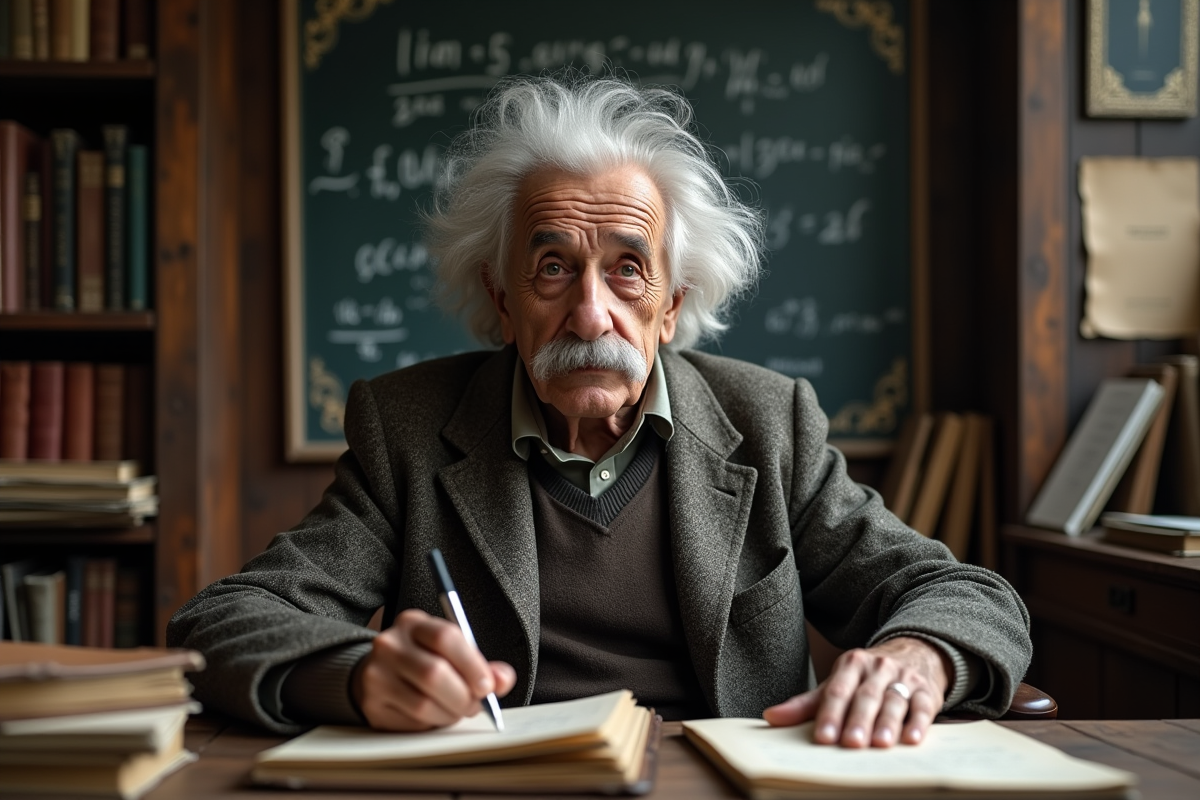 Homme âgé ressemblant à Einstein dans un bureau ancien